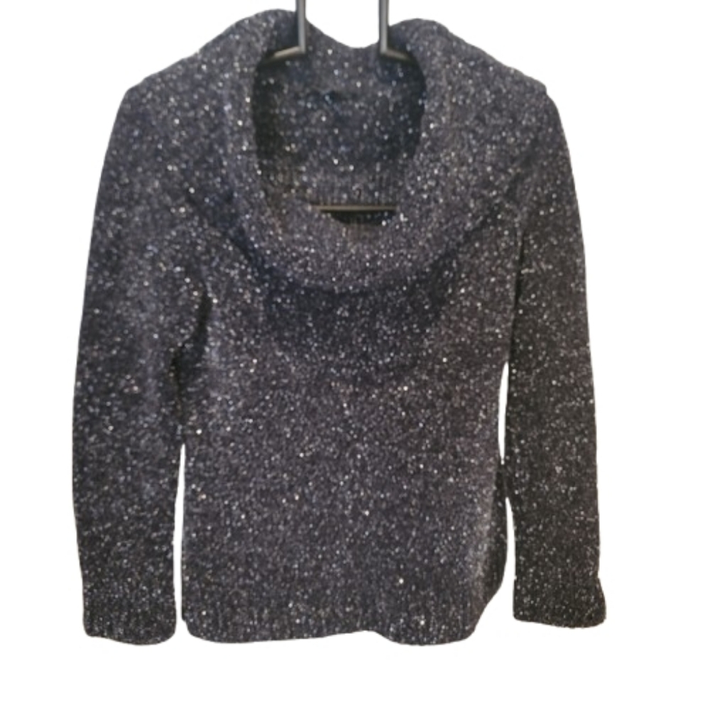 White House Black Market Metallic Thread Cowl Neck Sweater Black Silver Small - Picture 4 of 14